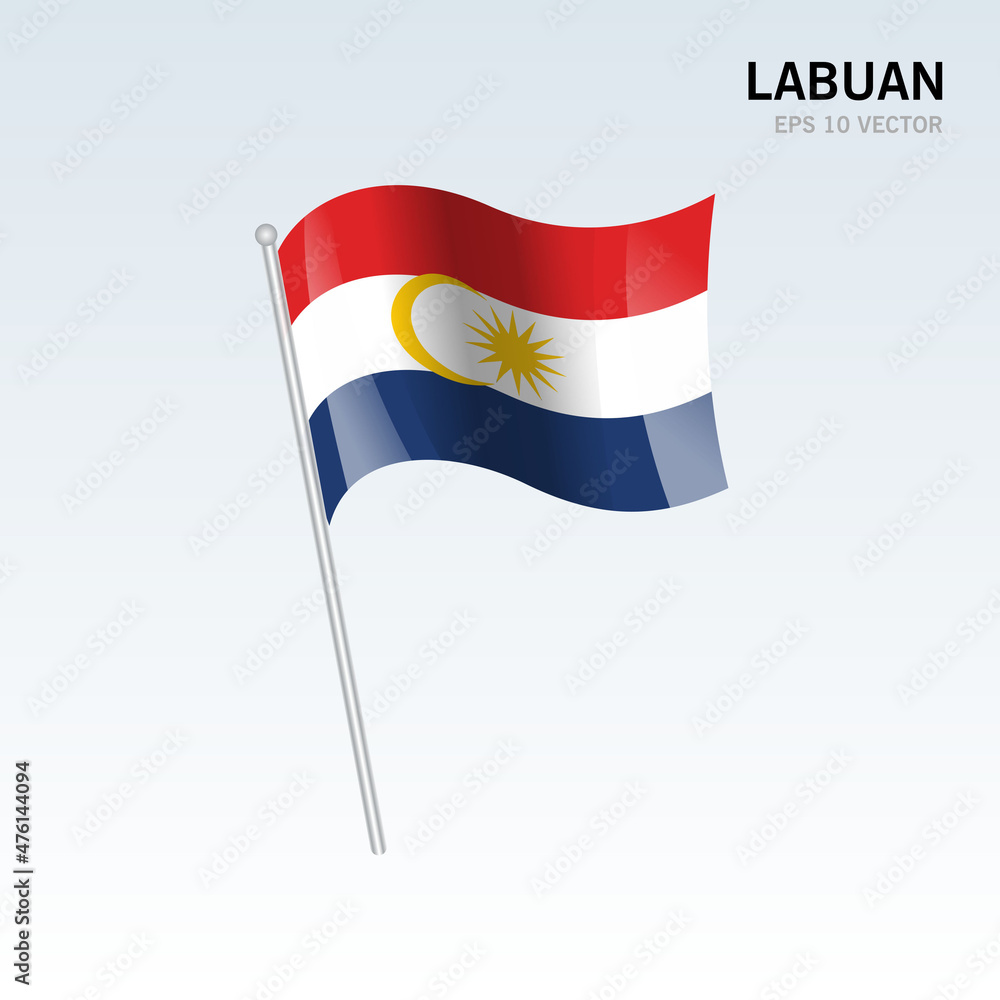 Waving flag of Labuan state and federal territory of Malaysia isolated on gray background
