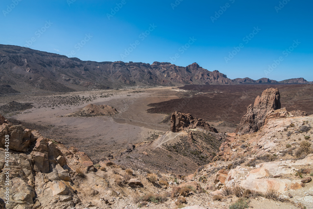 View of the beautiful and largest volcano crater at Mount Teide from Los Azulejos viewpoint - Santa Cruz de Tenerife, Canary Islands, Spain