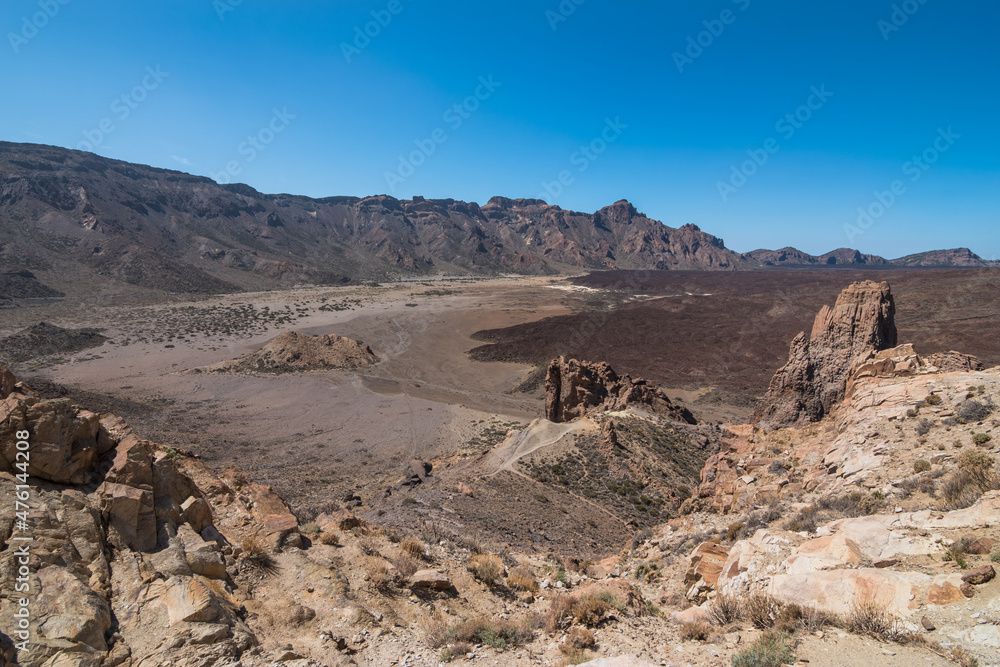 View of the beautiful and largest volcano crater at Mount Teide from Los Azulejos viewpoint - Santa Cruz de Tenerife, Canary Islands, Spain View of the beautiful and largest volcano crater at Mount Teide from Los Azulejos viewpoint - Santa Cruz de Tenerife, Canary Islands, Spain