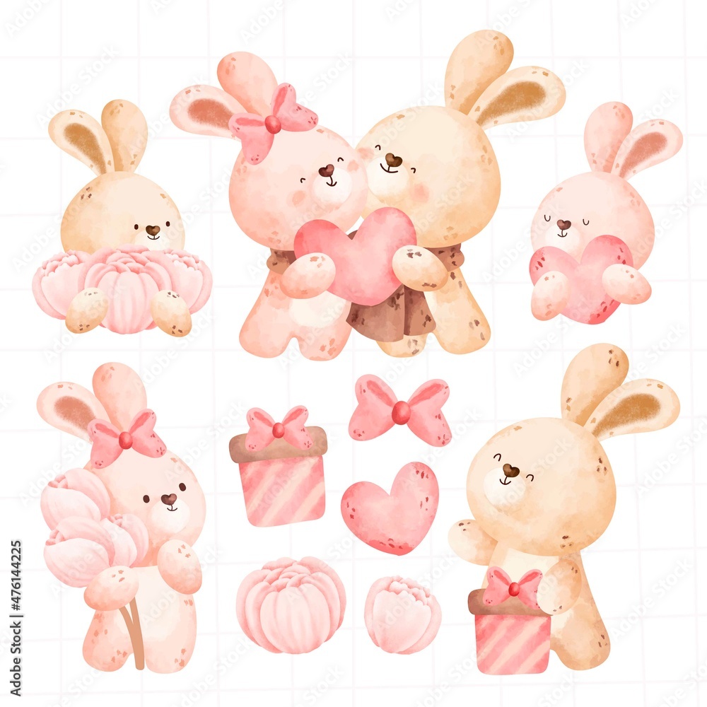 Obraz premium Watercolor cute couple bunny rabbit set with love and valentine elements 