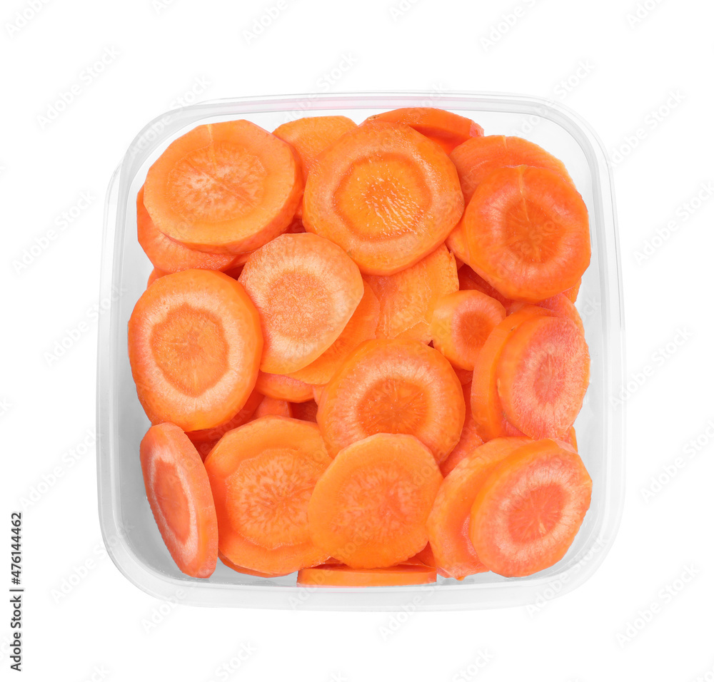 Fresh sliced carrots in plastic container isolated on white Fresh sliced carrots in plastic container isolated on white