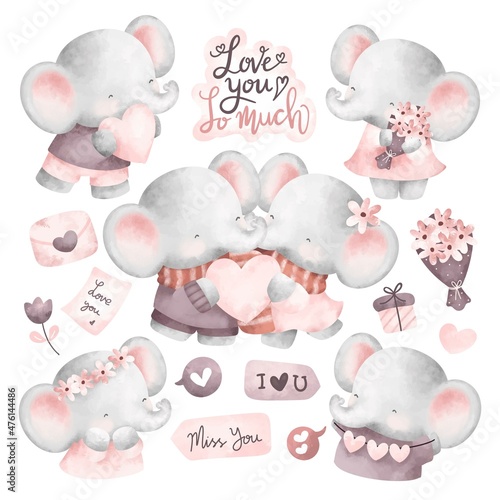 Watercolor set of cute couple elephant with love elements 