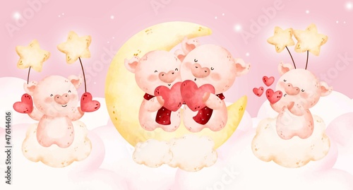 Watercolor cute couple pig set 