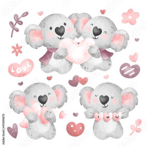 Watercolor cute koala with love elements set 