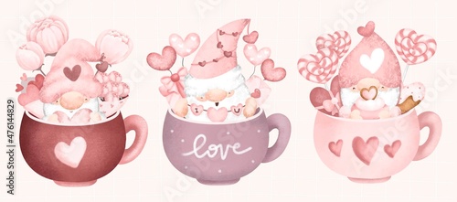 Watercolor cute Valentine gnome in cup set 