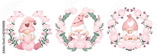 Watercolor cute valentine gnome with flower wreath set 