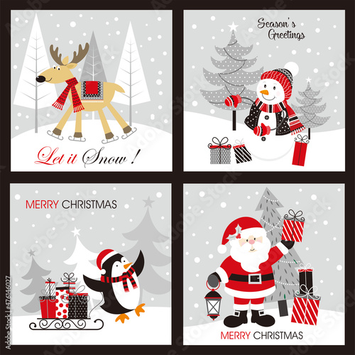 set of christmas cards with santa, snowman, reondeer and penguin