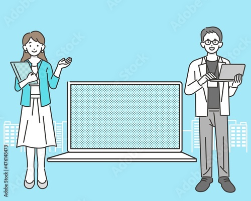 パソコンとビルとオフィスカジュアルで働く会社員のベクターイラスト素材／ビジネス／ビジネスパーソン／人々