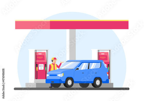 Vector Illustration Refueling Car on Gas Station. Refilling blue Car to Full Tank with Gasoline.