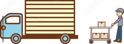 トラックに荷物を運ぶ作業員。