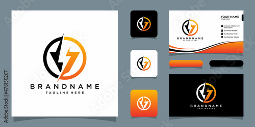 Letter V logo with thunderbolt vector with business card design template