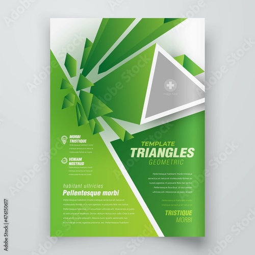 Flyer cover green triangles flying 3d perspective render design template vector, block for image