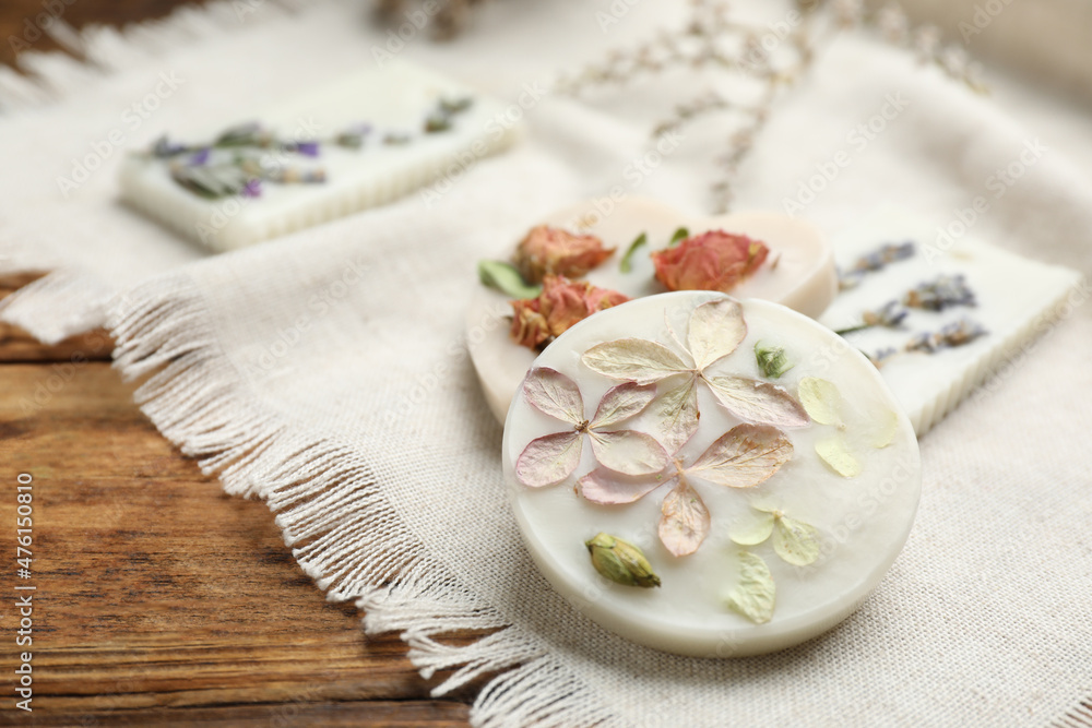 Scented sachets on wooden table, closeup. Space for text Scented sachets on wooden table, closeup. Space for text