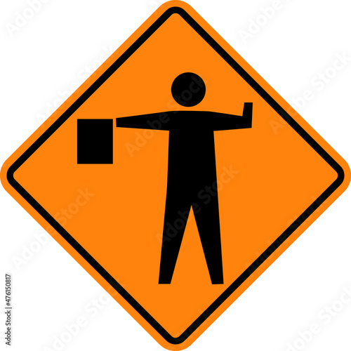 Flagger ahead sign. Road works ahead. Orange diamond background. Traffic signs and symbols.