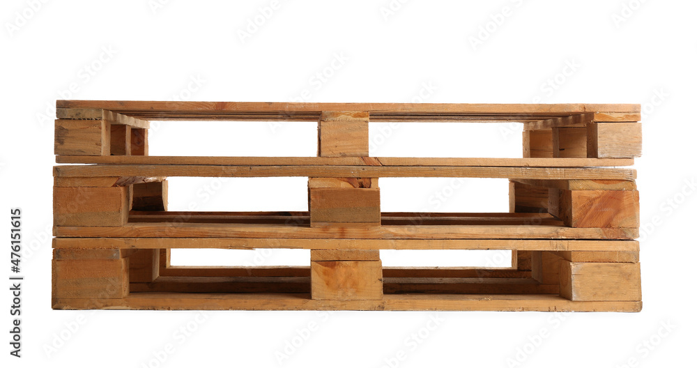 Stacked wooden pallets isolated on white. Transportation and storage Stacked wooden pallets isolated on white. Transportation and storage