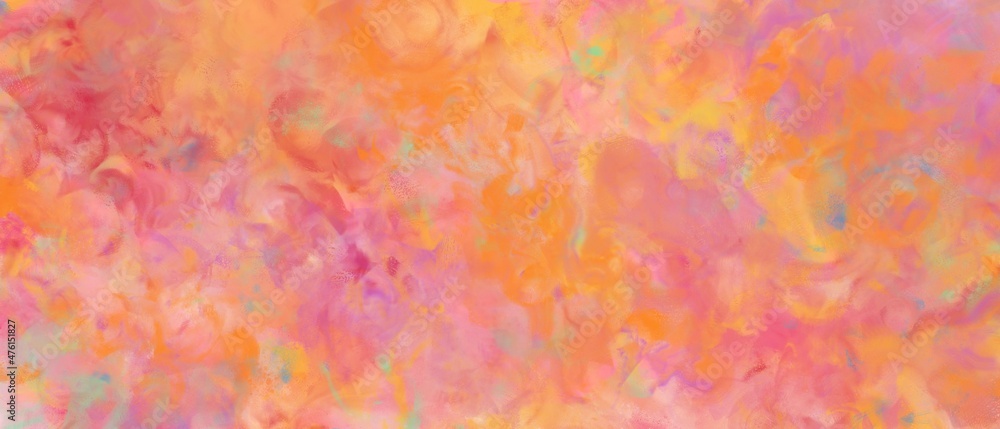 春の油絵抽象背景）パレットナイフペインティング・アート横長バナー　温かい　ピンクとオレンジ