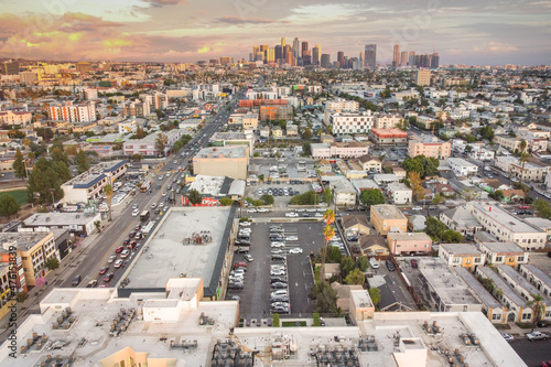 Koreatown Aerial View with Downtown LA Showing Olympic Blvd Sunset Time  © HunYoung