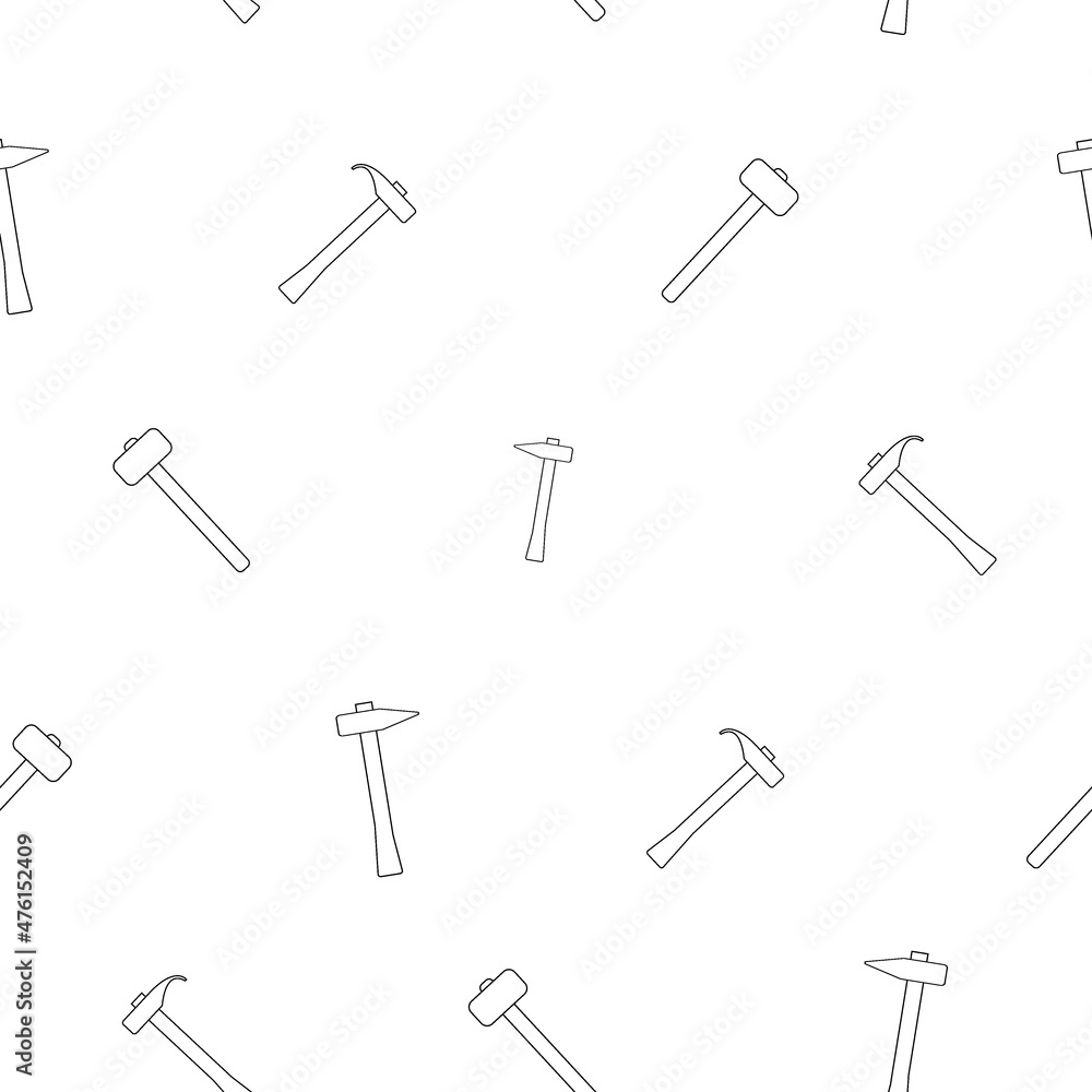 Pattern of hammer with wooden handle in line style. On a white background. Tools for carpenters and carpenters. Flat vector illustration. Pattern of hammer with wooden handle in line style. On a white background. Tools for carpenters and carpenters. Flat vector illustration.