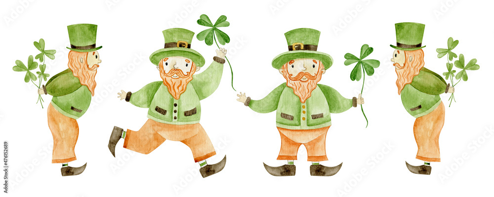 Obraz premium Collection of watercolor isolated elements for St. Patrick's Day. Hand-drawn leprechauns and festive paraphernalia. Set of elements for cards, banners, scrapbooking. Isolated clipart element .