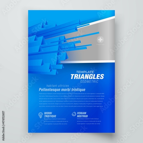 Flyer cover blue flying 3d triangles perspective design template vector, block for image