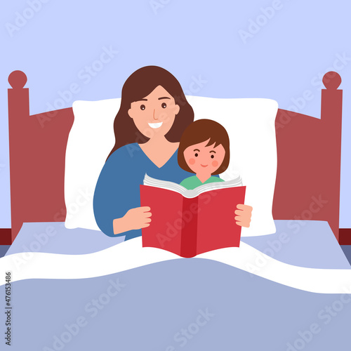 Mother reading story for her daughter in bedroom vector illustration. Children bedtime story book.