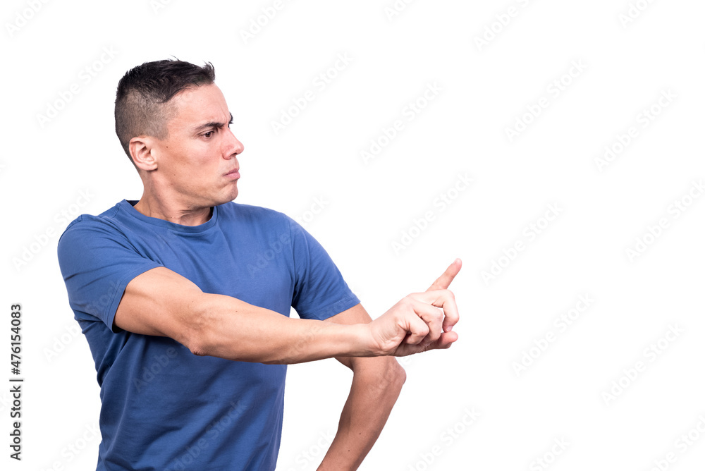 Man looking aside and scolding with his finger Man looking aside and scolding with his finger