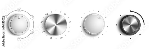 Volume control knobs, round switches with sound level dial. Vector realistic set of 3d audio tuners, metal and white circle regulators of loud or power isolated on background
