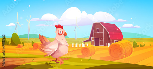 Barn on farm nature rural background with chicken, hay stacks on field and eco wind mills under cloudy sky. Countryside farmland tranquil summer time or fall landscape. Cartoon vector illustration