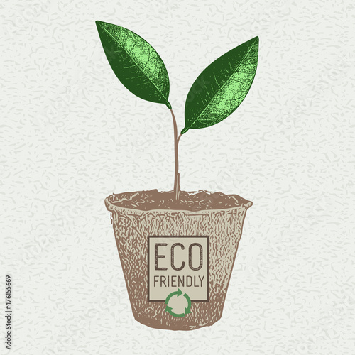 Maceta ecológica biodegradable, reciclabe. Productos eco friendly, en beneficio del medio ambiente. Ilustración de vectores.