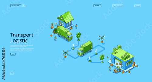 Transport logistic isometric landing page, distribution , truck delivery service. Van and quadcopter with freight riding route with gps navigator pins shipping goods, 3d vector line art web banner