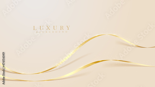 Elegant cream shade background with golden curve line elements. Glitter light effects.