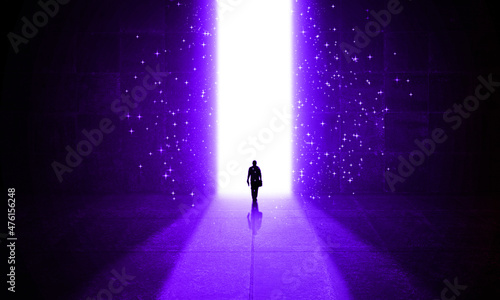 Businessman Waking Through a Starry Door Light with Glowing stars in a great Concrete Dark hall. Open Gate and Exit. Business Surreal Dream, Success Way and Imagination Concept 