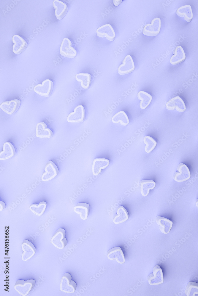 Holiday Card. Marshmallow Hearts for Valentines day. Day. Hearts is fall love. Copy space, minimal concept, seasonal winter february holiday. New 2022 trending PANTONE 17-3938 Very Peri color Holiday Card. Marshmallow Hearts for Valentines day. Day. Hearts is fall love. Copy space, minimal concept, seasonal winter february holiday. New 2022 trending PANTONE 17-3938 Very Peri color