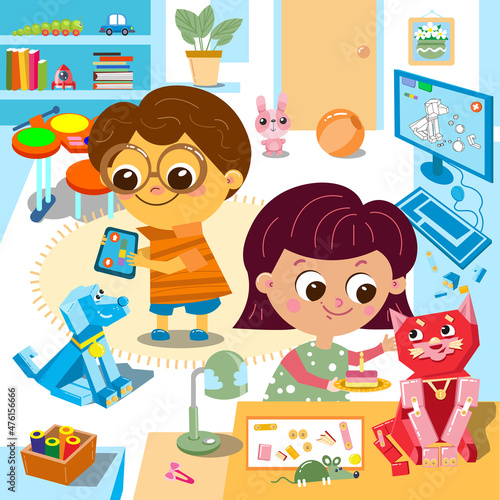 Cute girl with cake and robot cat is sitting. Boy and dog. Robotics for kids, cartoon character. Vector illustration.