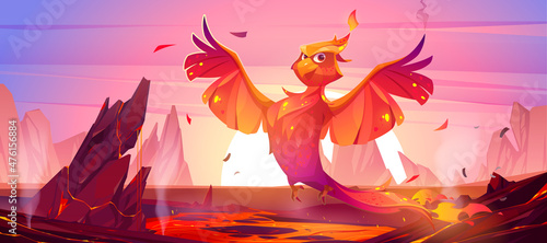 Phoenix or fenix fire bird cartoon character at volcanic landscape with lava and sunrise. Fantasy magic creature with red burning plumage. Fairytale animal, symbol of reborn, Vector illustration
