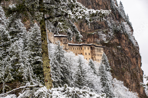 The Sumela monastery one of the most impressive sights in Black Sea region, in Altindere Valley, Trabzon. 1600 year old ancient Orthodox monastery located at 1200 meters height. Winter landscape photo