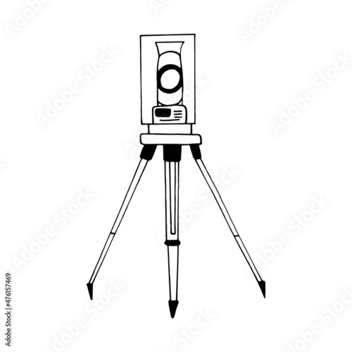 tacheometer, total station theodolite hand drawn doodle. vector, minimalism, scandinavian, monochrome, nordic, sketch. icon, sticker. geodesy, cartography, measurement, construction, survey.