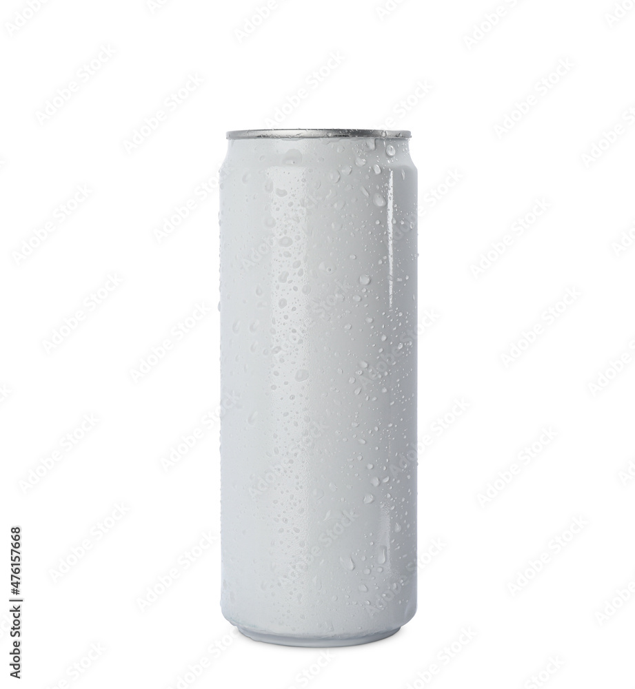Can of energy drink with water drops isolated on white. Mockup for design Can of energy drink with water drops isolated on white. Mockup for design