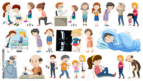 Set of sick people with different symptoms