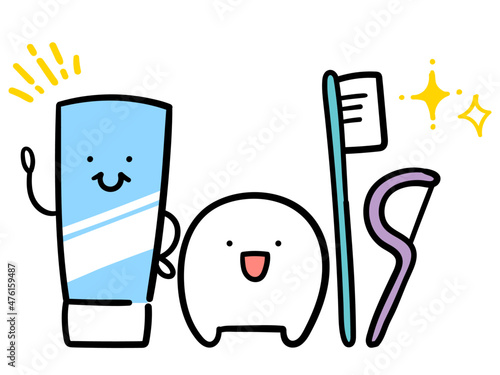 歯の健康を守る道具達のかわいい手書き風イラスト
