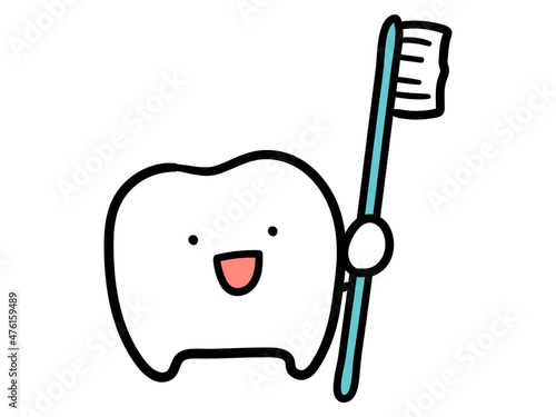 歯ブラシを持つ歯のキャラクターのかわいい手書き風イラスト