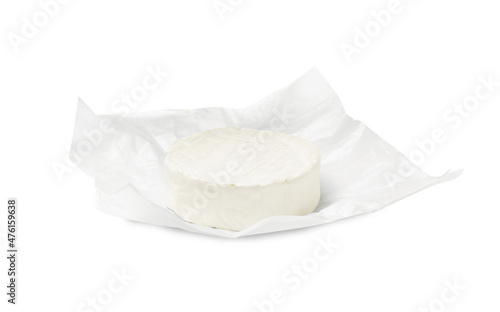 Tasty brie cheese with wrapper isolated on white