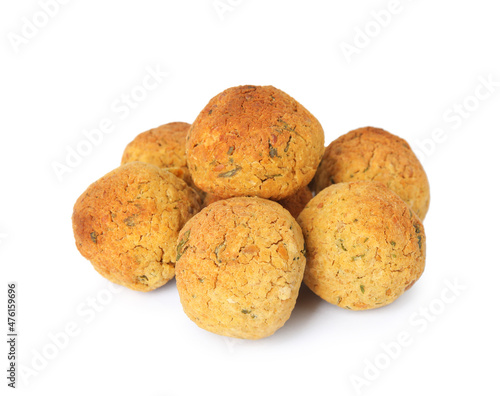 Delicious fried falafel balls on white background