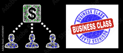 Glossy irregular net mesh financial clients links icon with glow effect, and bicolor Business Class corroded seal print.
