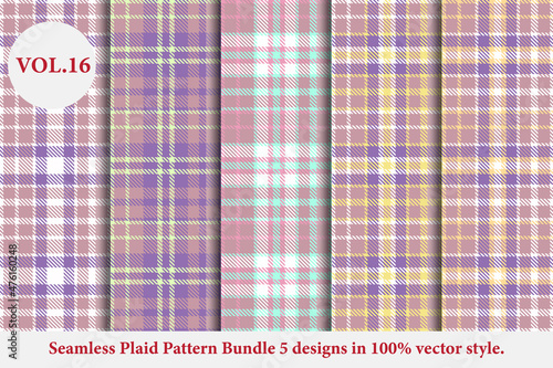 Plaid Pattern Bundle 5 designs Vol.16 Buffalo Vector, Tartan Fabric background wallpaper, Monochrome patterns collection Vector 