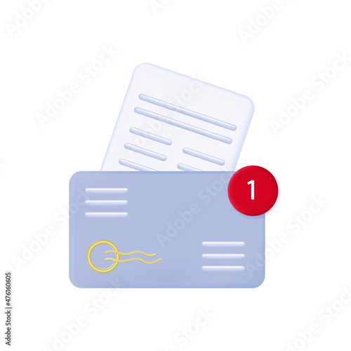 3d email notification. Unread business document. Message about the receipt of the letter. Business information in an envelope with a attention and warning sign. Open email, read and confirm. Vector