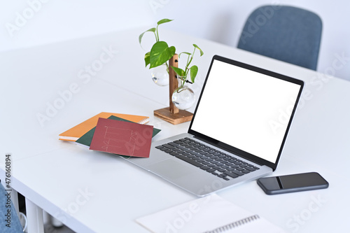 Computer laptop with empty display, smart phone, books and houseplant on white table.