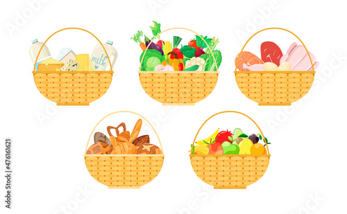 A set of baskets with food on a white background. Flat design.  © Юлия Викленко