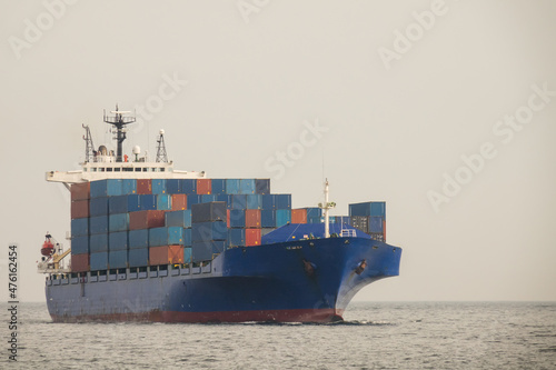 Large container ship at sea. Cargo container ship vessel import export container sailing.