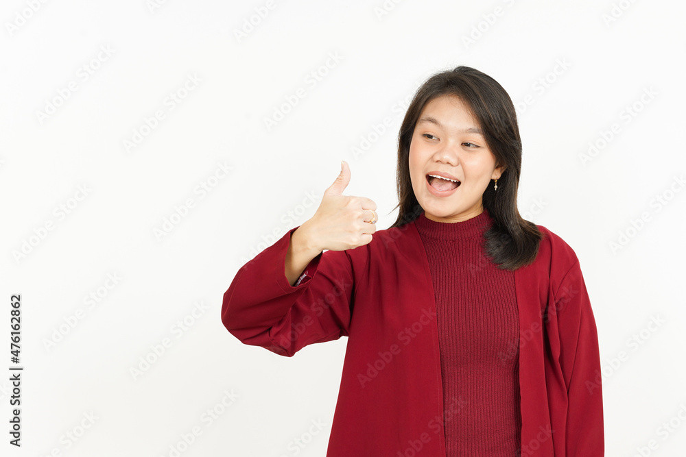 Showing Thumbs Up Of Beautiful Asian Woman Wearing Red Shirt Isolated On White Background Showing Thumbs Up Of Beautiful Asian Woman Wearing Red Shirt Isolated On White Background